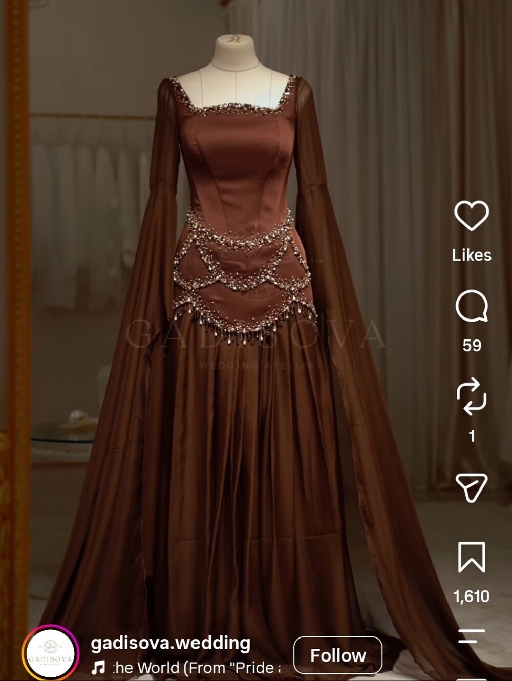 Custom Beaded Couture Wedding Brown Evening Gown - Cape Sleeve Dress - Size 12